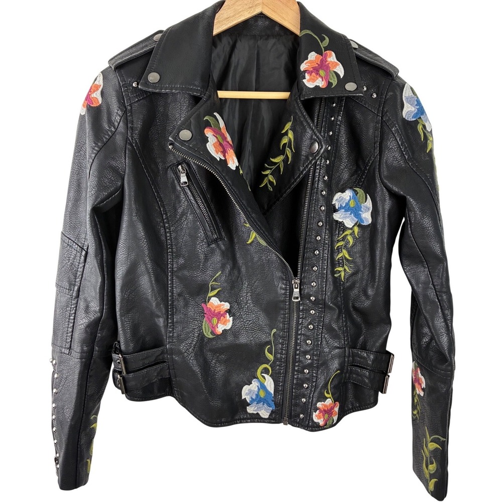 Boho Floral Embroidered Moto Jacket Black Faux Leather Studded Biker Size S - Picture 2 of 11